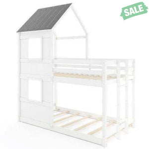Wooden Twin Over Twin Bunk Bed with Full-length Safety Guardrail and Ladder-White and Gray Toddler Beds