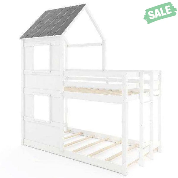 Wooden Twin Over Twin Bunk Bed with Full-length Safety Guardrail and Ladder-White and Gray Toddler Beds