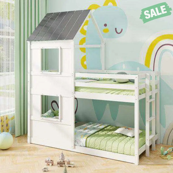 Wooden Twin Over Twin Bunk Bed with Full-length Safety Guardrail and Ladder-White and Gray Toddler Beds