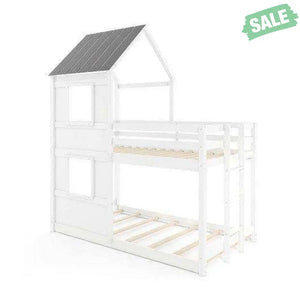 Wooden Twin Over Twin Bunk Bed with Full-length Safety Guardrail and Ladder-White and Gray Toddler Beds