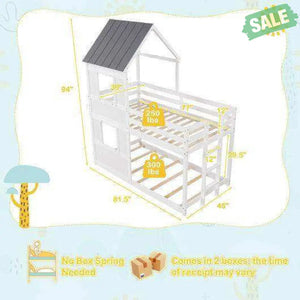 Wooden Twin Over Twin Bunk Bed with Full-length Safety Guardrail and Ladder-White and Gray Toddler Beds