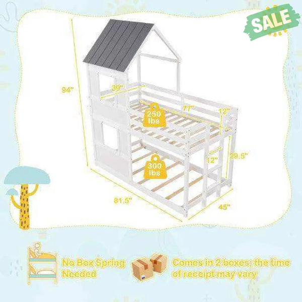 Wooden Twin Over Twin Bunk Bed with Full-length Safety Guardrail and Ladder-White and Gray Toddler Beds