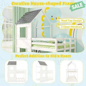 Wooden Twin Over Twin Bunk Bed with Full-length Safety Guardrail and Ladder-White and Gray Toddler Beds