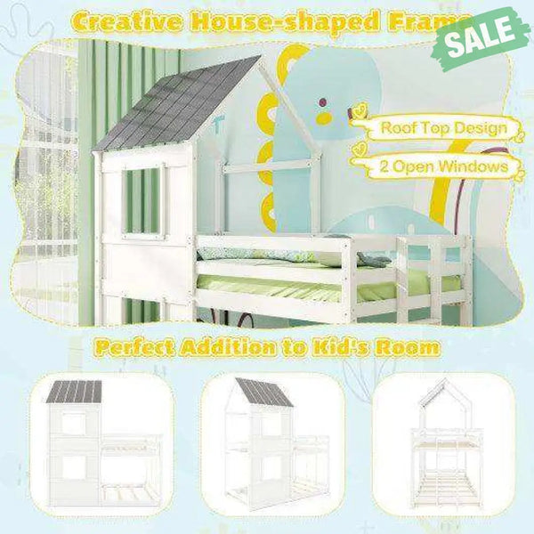 Wooden Twin Over Twin Bunk Bed with Full-length Safety Guardrail and Ladder-White and Gray Toddler Beds