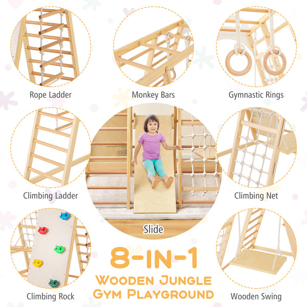 8-in-1 Wooden Jungle Gym Playset with Slide and Monkey Bars