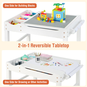 Kids multi-activity wooden play table with building blocks, storage, and paper roll, angled view.