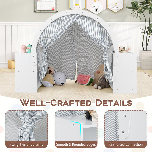 Wooden Kids Play Tent with Curtain Shades and 8 Cubbies