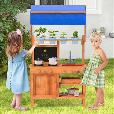 Wooden Pretend Play Kitchen with Height Adjustable Canopy for Kids
