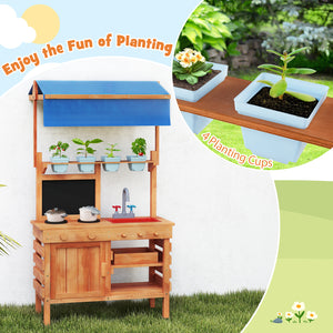 Wooden Pretend Play Kitchen with Height Adjustable Canopy for Kids