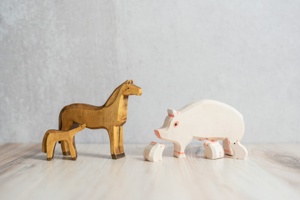 Wood Carved Pig with piglets