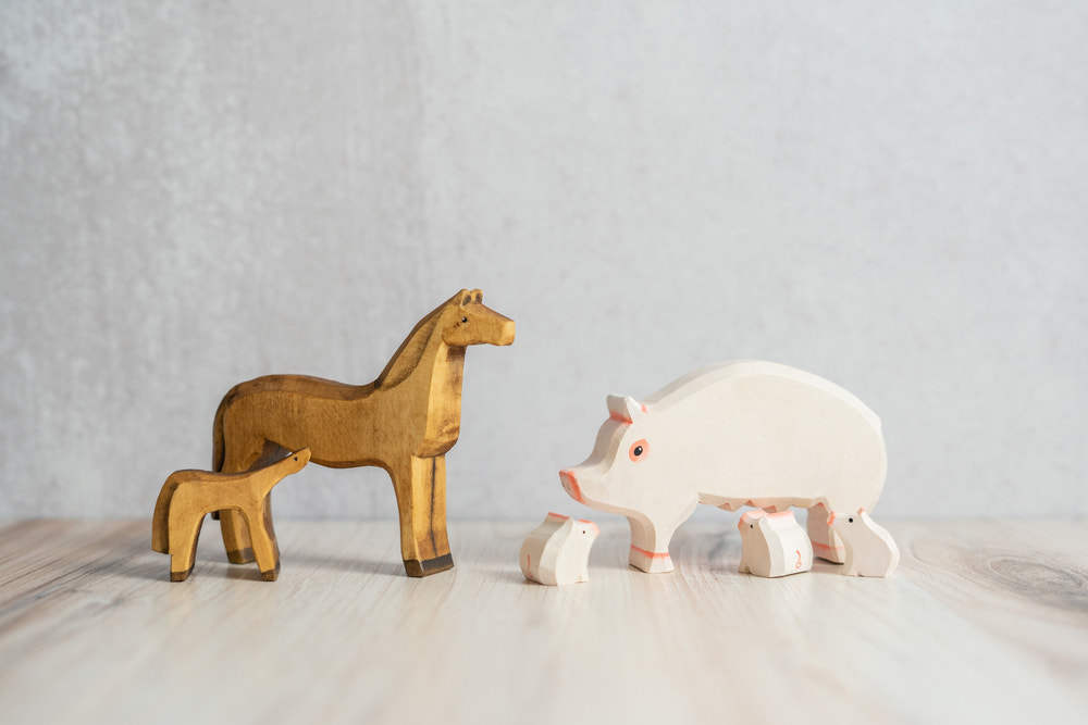 Wood Carved Pig with piglets