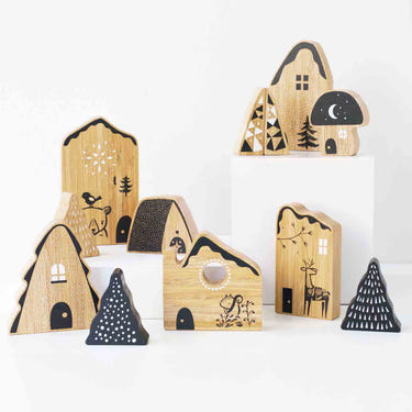 Woodland Village wooden and bamboo toy set for imaginative play, featuring charming forest-themed characters and structures.