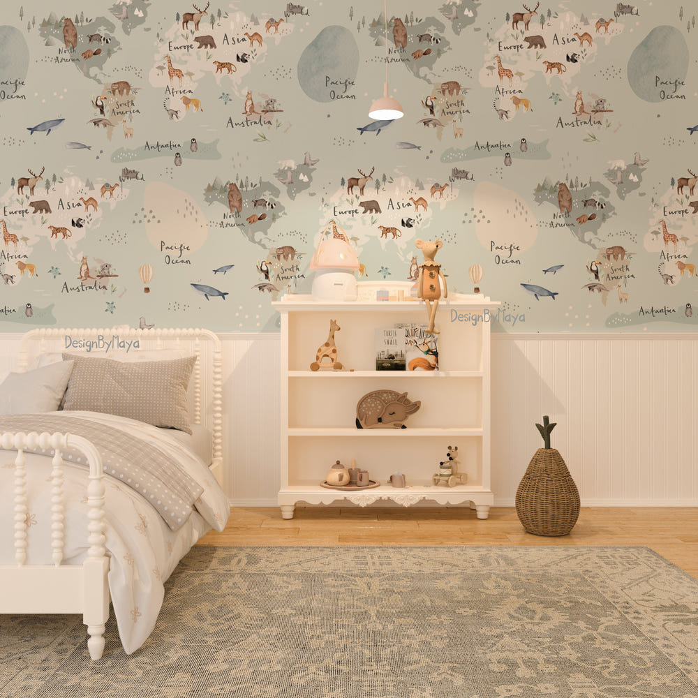 Alphabet wallpaper for nursery decor, featuring colorful letters and playful design for a charming baby room.