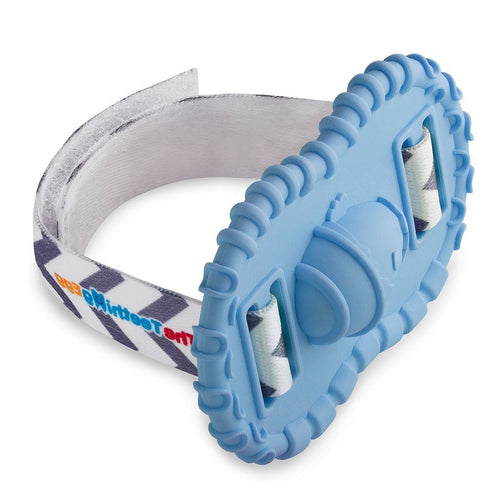 Wristie Teether for Baby's Wrist, angled view showcasing its soft, safe design for soothing teething discomfort.