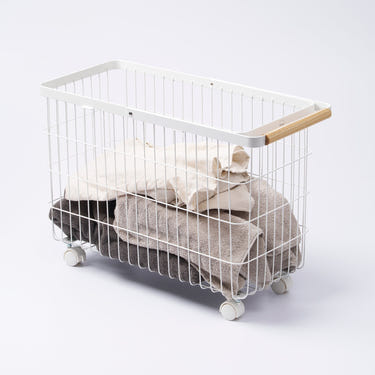 Rolling wire laundry basket with steel and wood design, 15" H, perfect for organizing baby essentials.