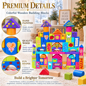 Set of 90 Colorful Wooden Building Blocks Educational Stacking Toy Castle