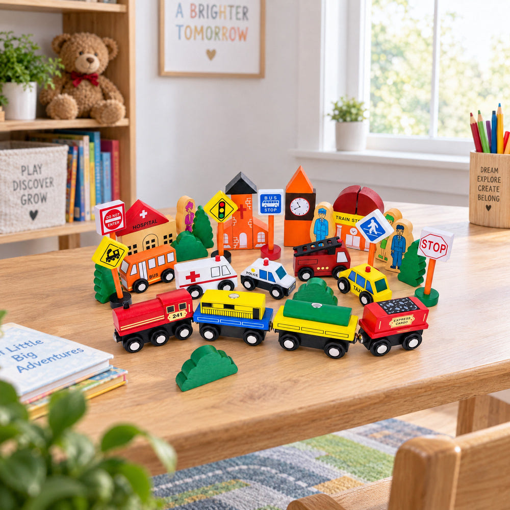 Set of 40 Pieces City Vehicles, Buildings, and Signs Wooden Blocks
