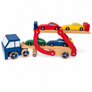 Set of Wooden Truck with Trailer and 4 Cars