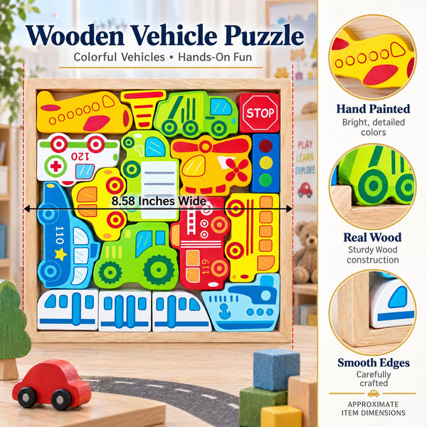 Cars, Ship, Plane, Helicopter and Sign Learning Wooden Blocks Puzzle