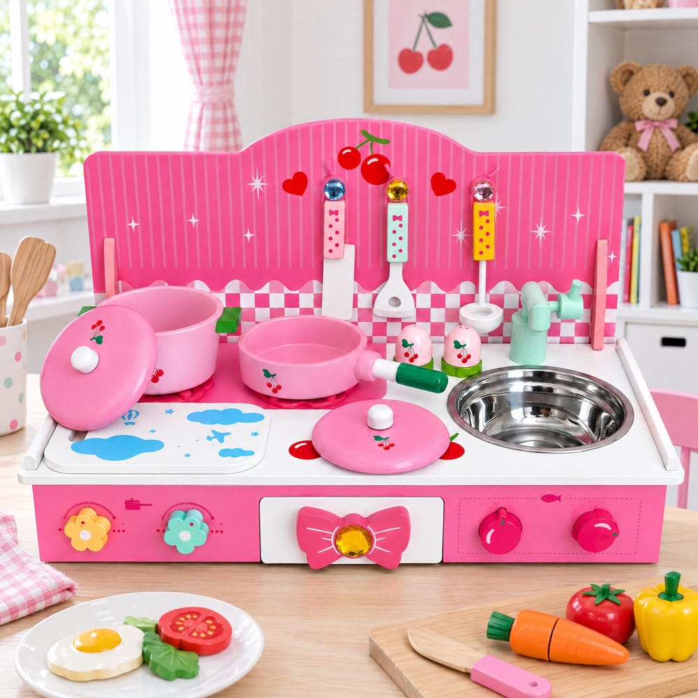 Wooden Pink Toy Kitchen Play Set 22 Inches