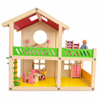 Wooden toy house for babies, 18.5 inches, perfect for imaginative play in a cozy bedroom setting.