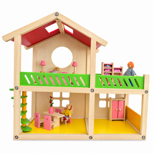 Wooden toy house for babies, 18.5 inches, perfect for imaginative play in a cozy bedroom setting.
