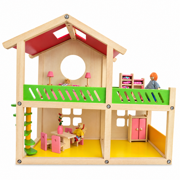 Wooden toy house for babies, 18.5 inches, perfect for imaginative play in a cozy bedroom setting.