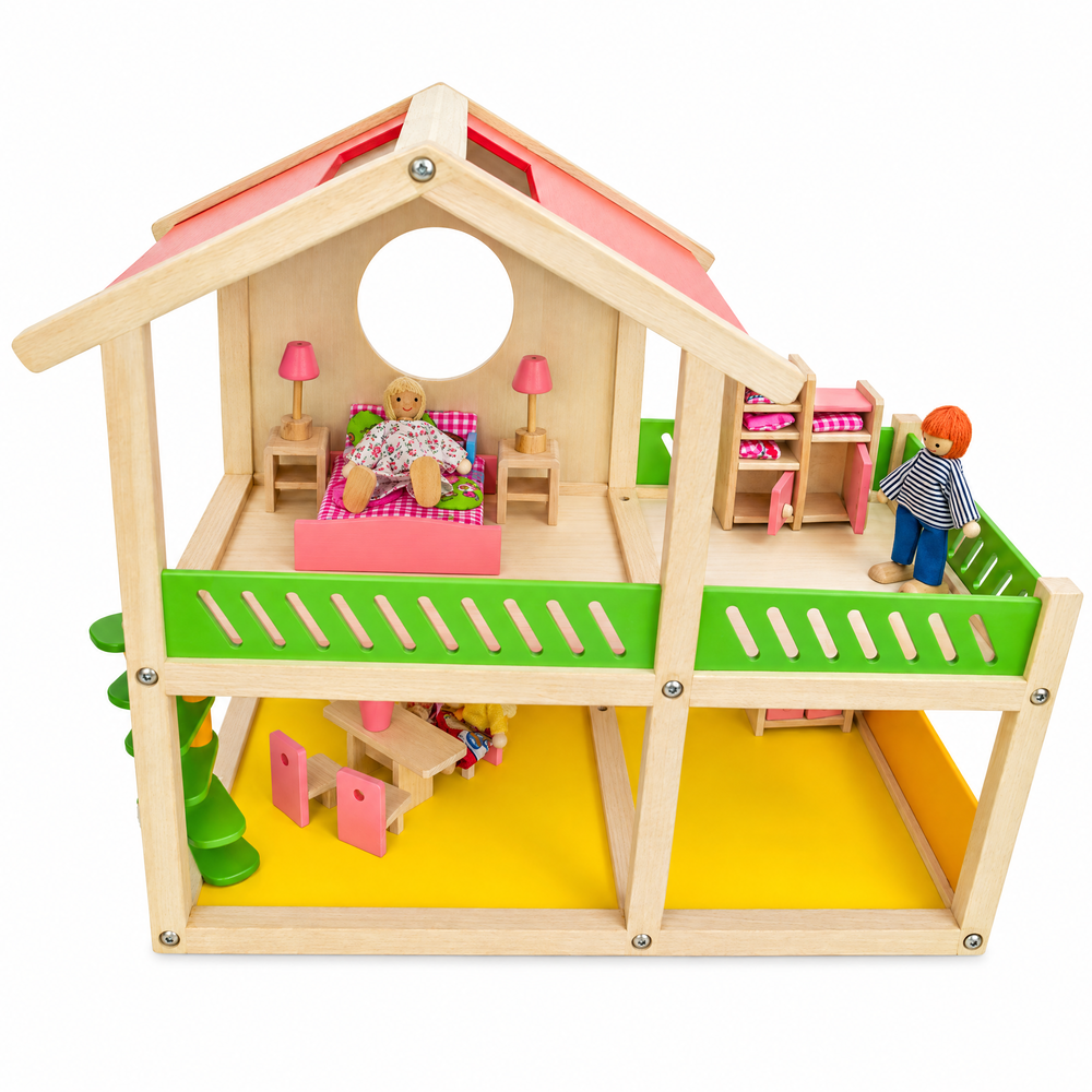 Wooden toy house for babies, 18.5 inches, perfect for imaginative play in a cozy bedroom setting.