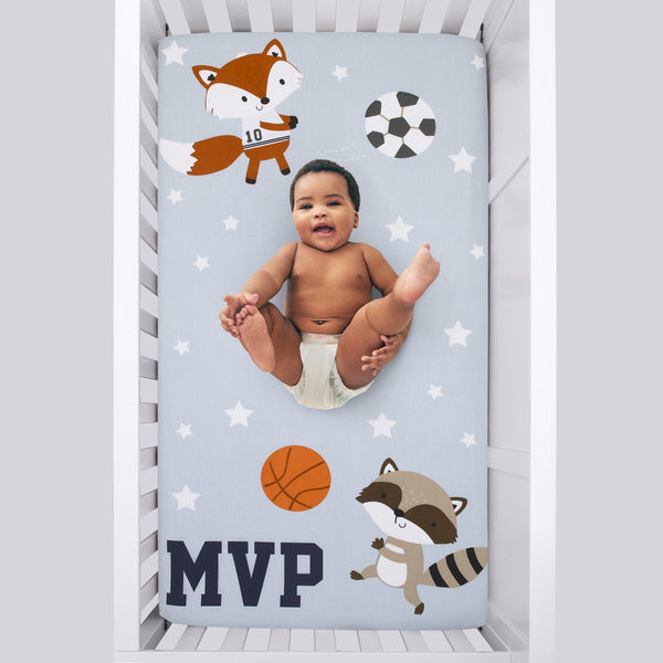 Team All Star Light Blue, Grey, and Orange, MVP Fox and Raccoon Sports Theme with White Stars Photo Op 100% Cotton Fitted Crib Sheet
