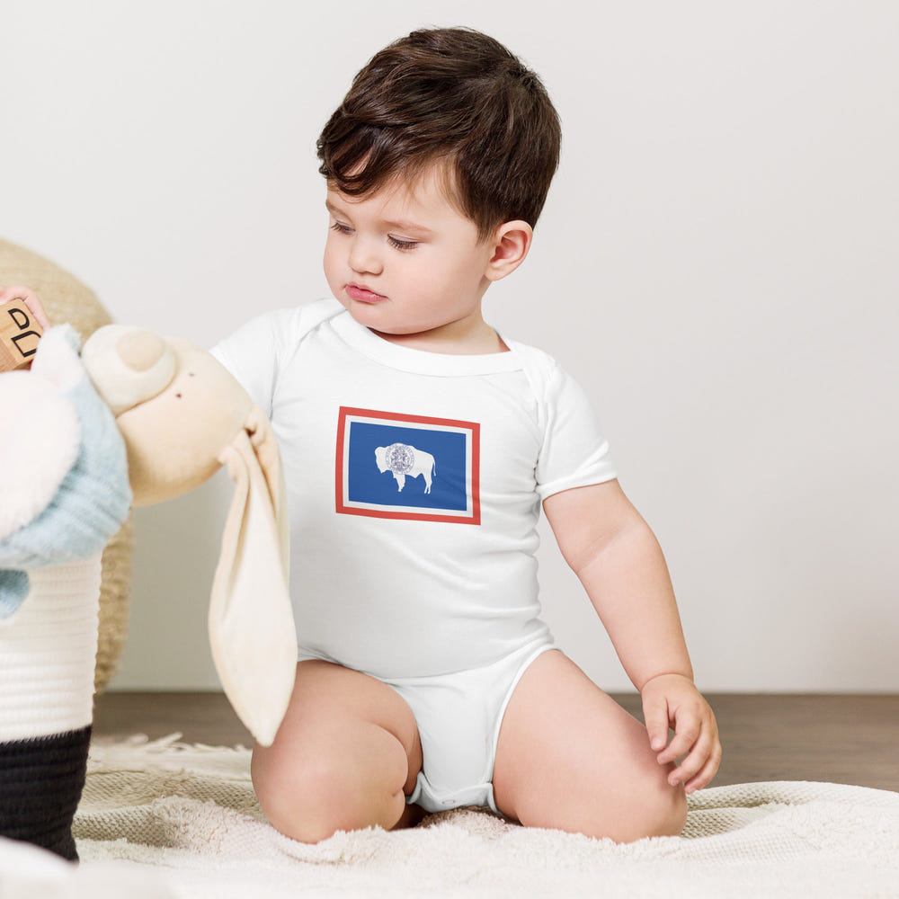 Wyoming Flag Baby Onesie - Short Sleeve Bodysuit for infants, featuring a vibrant Wyoming state flag design.