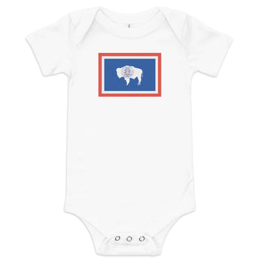 Wyoming Flag Baby Onesie - Short Sleeve Bodysuit for infants, featuring a vibrant Wyoming state flag design.