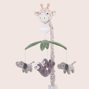 Plush Giraffe Taupe, Green, and Gray Elephants and Sloth's Musical Mobile