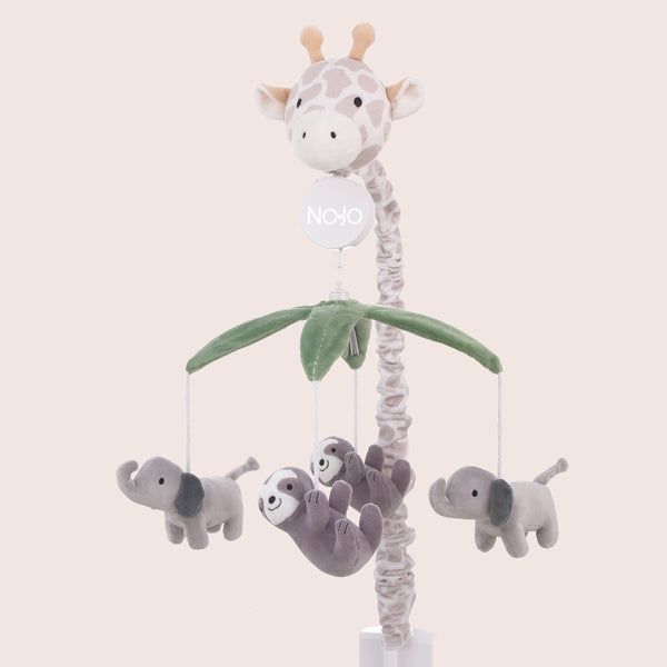 Plush Giraffe Taupe, Green, and Gray Elephants and Sloth's Musical Mobile