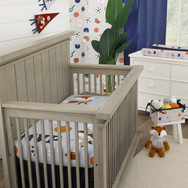 Team All Star Light Blue, Grey, and Orange, MVP Fox and Raccoon Sports Theme with White Stars Photo Op 100% Cotton Fitted Crib Sheet