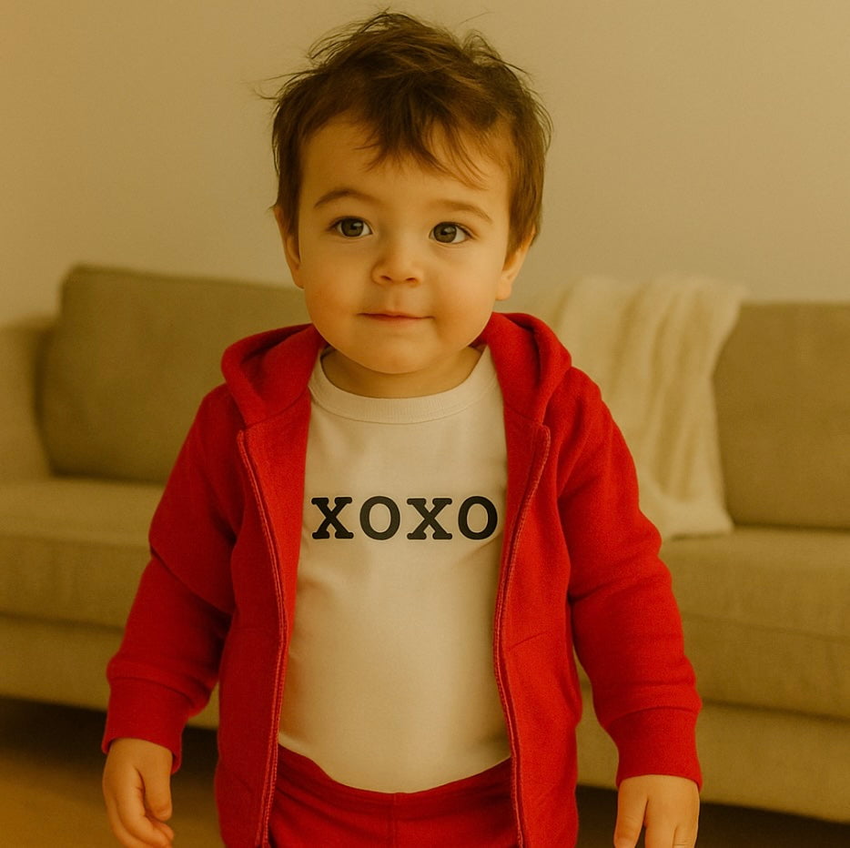 Long sleeve graphic bodysuit with "xoxo" design for babies, perfect for stylish and cozy outfits.