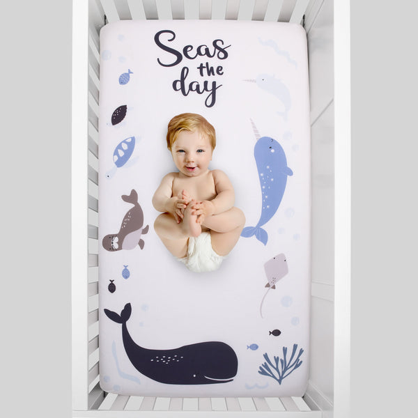 Seas The Day Multi Sea Animals Blue and White 100% Cotton Photo Op Fitted Crib Sheet