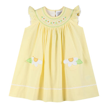 Yellow Daisy Pocketed Smocked Bishop Dress for babies, featuring a charming floral design and comfortable fit.