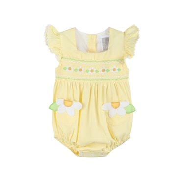 Yellow Daisy Pocketed Smocked Flutter Romper for babies, perfect for stylish and comfortable playtime.
