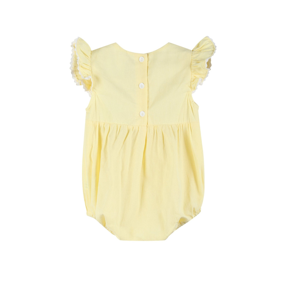 Yellow Daisy Pocketed Smocked Flutter Romper for babies, perfect for stylish and comfortable playtime.
