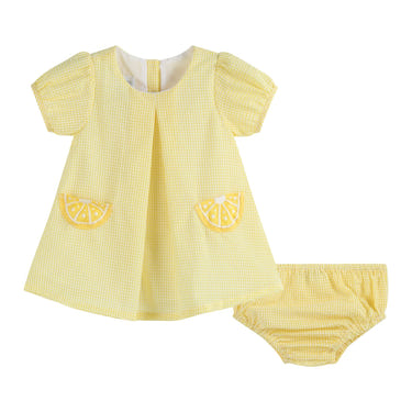 Yellow lemon dress and panty cover set for babies, perfect for summer outings and playful moments.