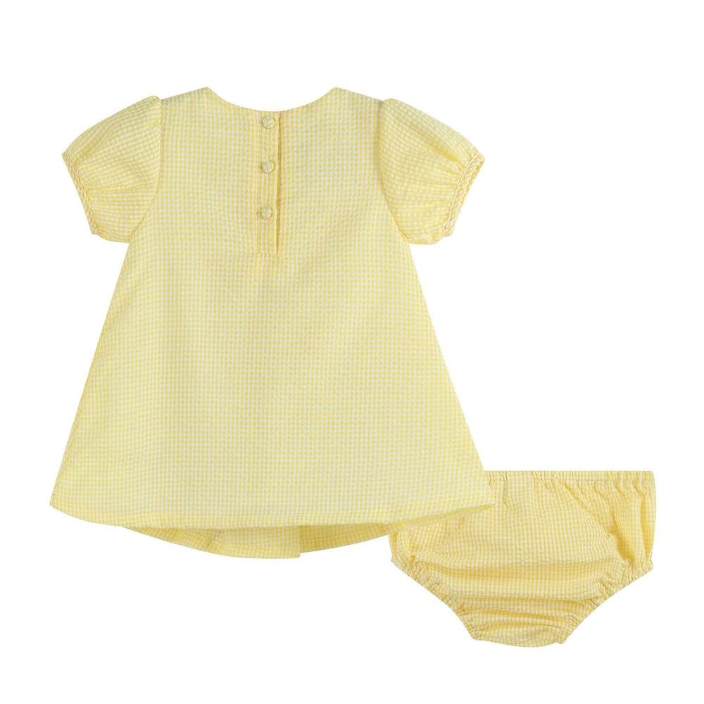 Yellow lemon dress and panty cover set for babies, perfect for summer outings and playful moments.