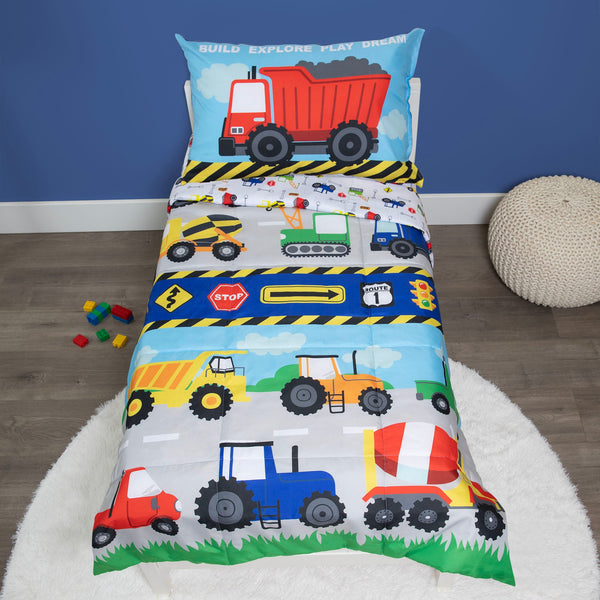 Construction 4 Piece Toddler Bed Set - Includes Comforter, Fitted Bottom Sheet, Flat Top Sheet, and Reversible Pillowcase
