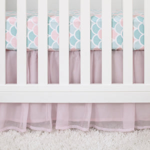 Sugar Reef Mermaid 4 Piece Nursery Crib Bedding Set - Appliqued Round Play Quilt, 100% Cotton Fitted Crib Sheet, Shirred Crib Skirt with 16" Drop, Nursery Organizer