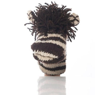 Organic wool knit hand puppet of Zachary the Zebra, perfect for playtime and imaginative fun.