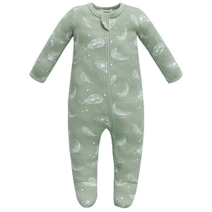 100% Organic Cotton Zip Footed Pajamas - feather green