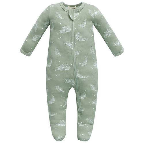 100% Organic Cotton Zip Footed Pajamas in Feather Green - Soft, comfy sleepwear for babies.