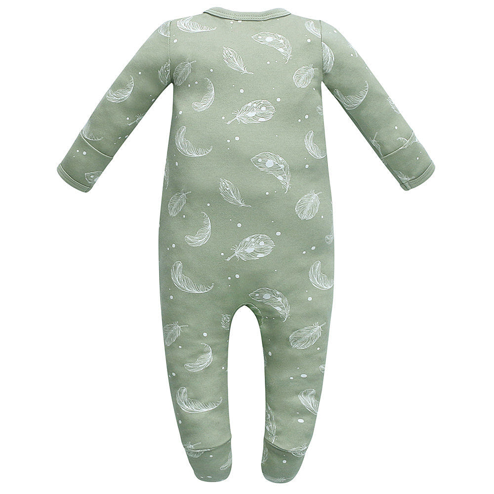 100% Organic Cotton Zip Footed Pajamas in Feather Green - Soft, comfy sleepwear for babies.