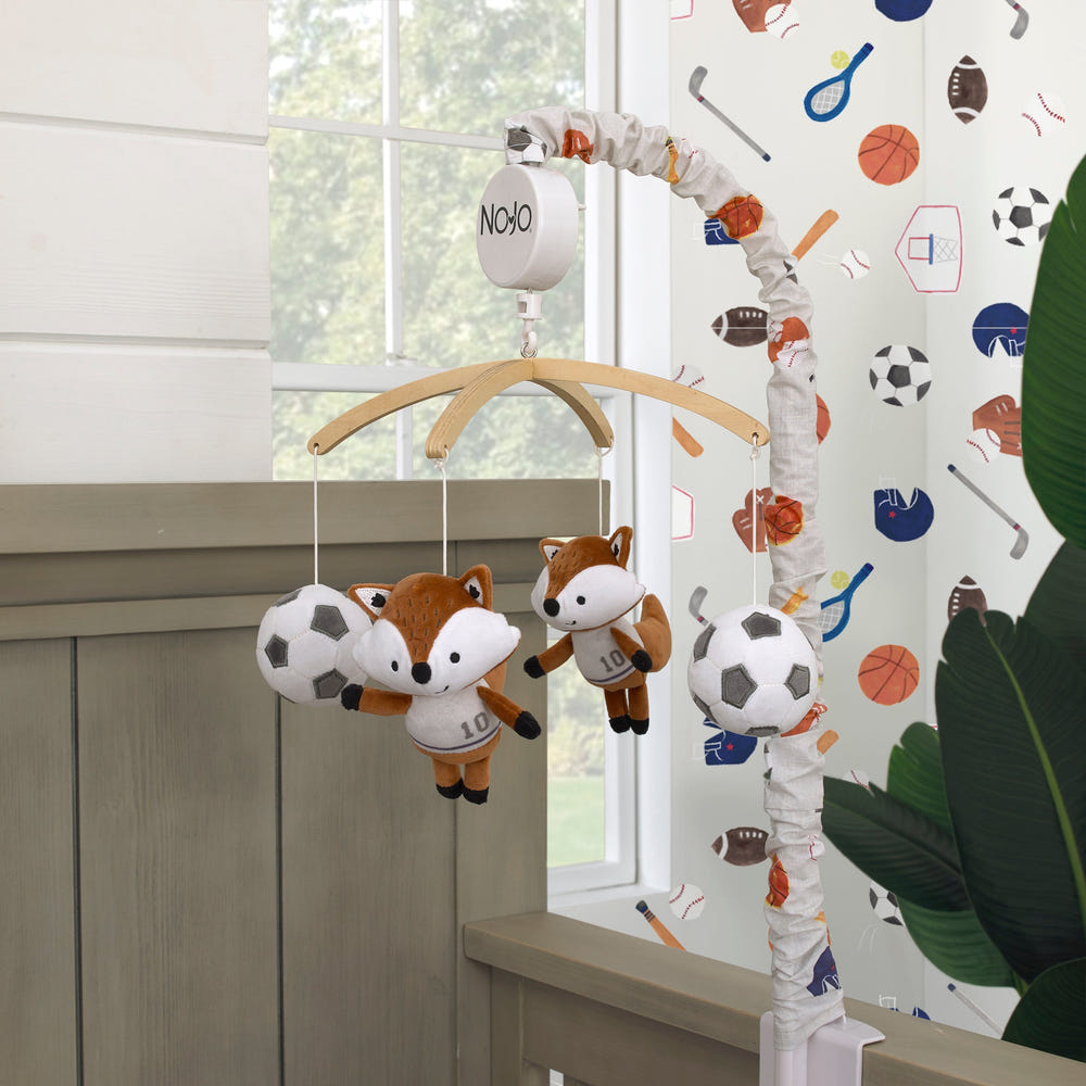 Team All Star Brown, White, Black and Grey, Fox with Soccer Balls Plush Musical Mobile