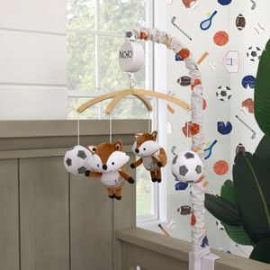 Team All Star Brown, White, Black and Grey, Fox with Soccer Balls Plush Musical Mobile