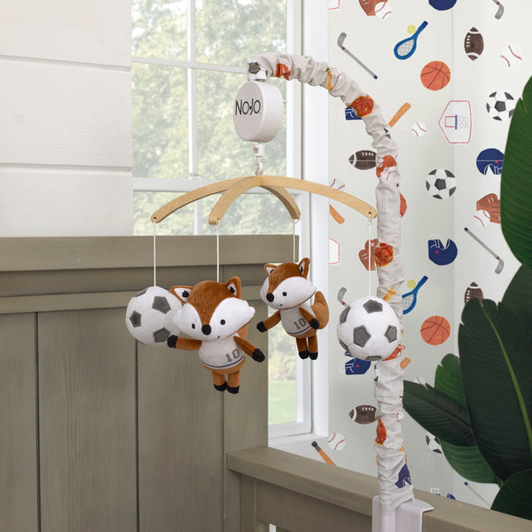 Team All Star Brown, White, Black and Grey, Fox with Soccer Balls Plush Musical Mobile
